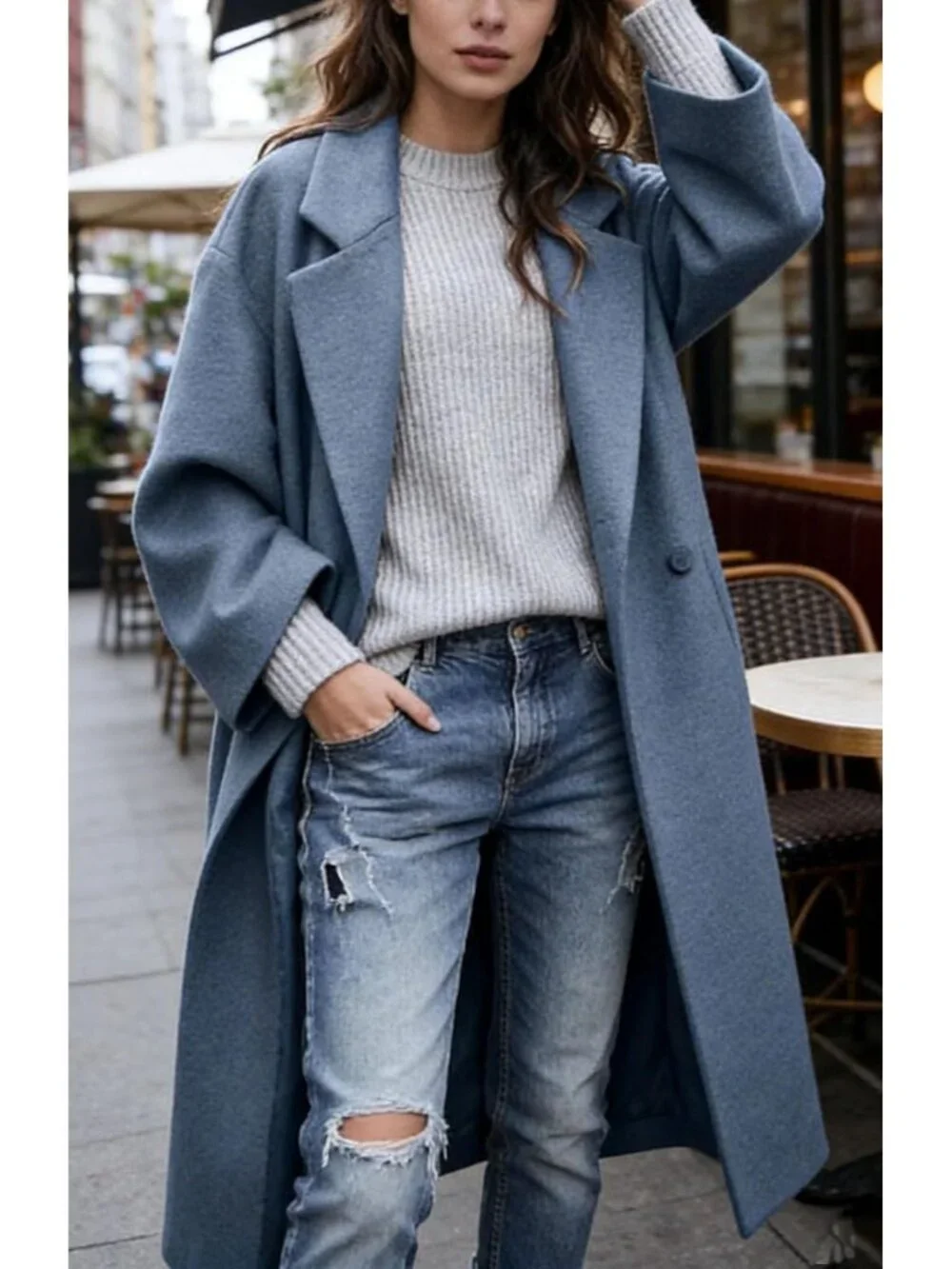 Women's Blue Notched Collar Wool Blend Single Breast Midi Long Trench Coat